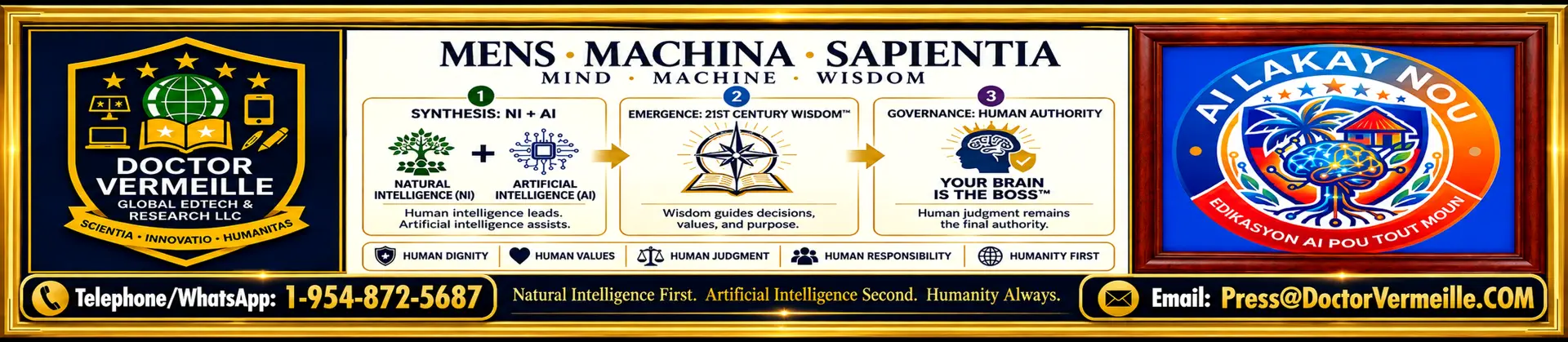 AI Lakay Nou — Doctor Vermeille Global EdTech & Research LLC. Mens · Machina · Sapientia. Natural Intelligence First. Artificial Intelligence Second. Humanity Always. Telephone/WhatsApp: 1-954-872-5687. Email: Press@DoctorVermeille.com